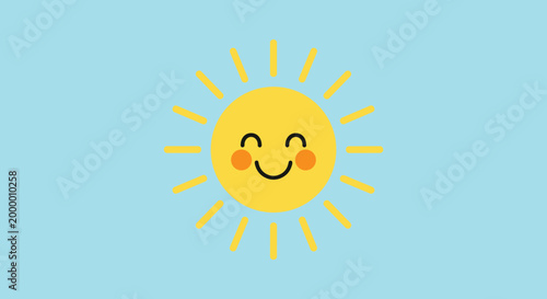 Happy sun with a smiling face and rosy cheeks on a light blue background representing a warm and cheerful sunny day for children.