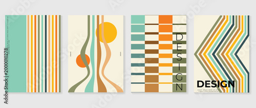 Mid century modern abstract poster vector set. Retro geometric wall art with colorful stripes, wavy lines, checker pattern and minimalist shapes for cover and home decor.