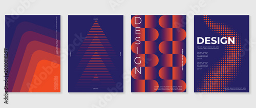Modern abstract poster vector set. Bold blue and orange geometric cover design with gradient shapes, halftone dots, striped triangle and retro creative layout.