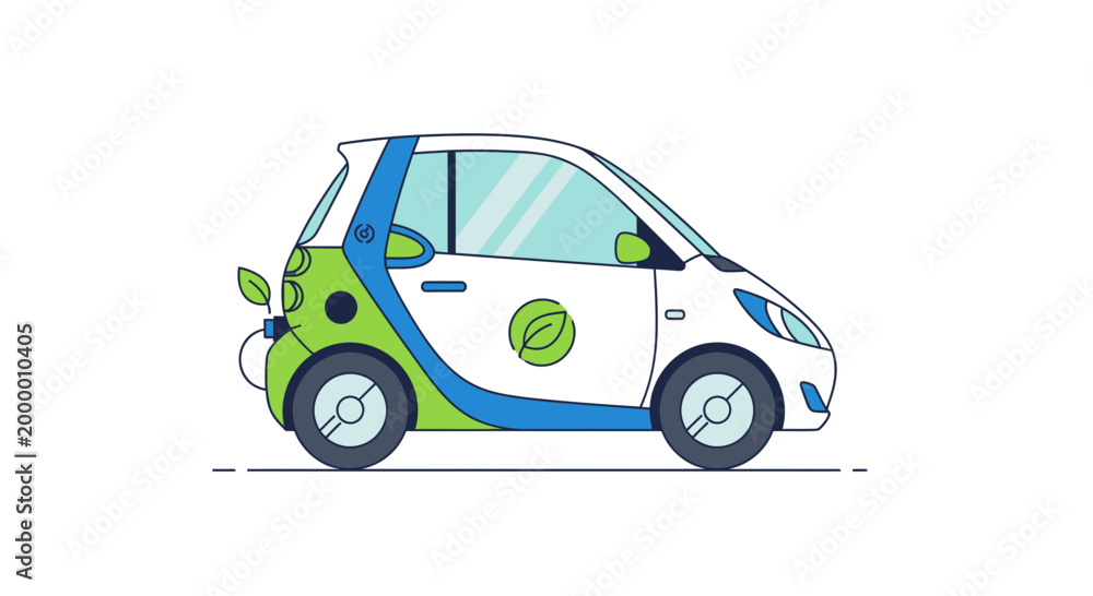 Naklejka premium Modern electric car with green leaf symbol, eco-friendly transport, clean energy