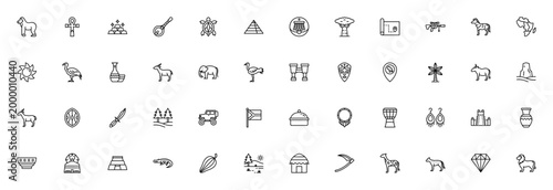 Africa icon set. Minimalist vector collection. Includes Gorilla, Ankh, Pyramid, Zebra, Elephant, Lion, Baobab, Mask, Savannah, Djembe, Map, Shield, and more. Editable stroke.