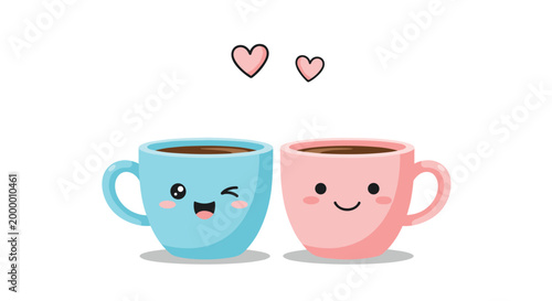 Two adorable cartoon coffee mugs with cute faces and floating pink hearts against a clean white background for a lovely morning vibe.