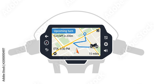 Foto Motorcycle GPS Navigation System Displaying Route and Turn Instructions