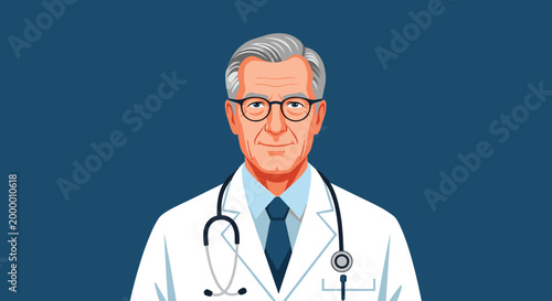 Professional male doctor with grey hair wearing glasses and a stethoscope posing against a dark blue background for a medical portrait.