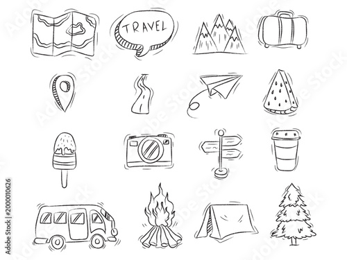 Travel and adventure camping doodle set with tent and campfire. Vector illustration of hand drawn tourist elements, map, suitcase, and outdoor holiday symbols in sketch style.