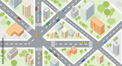 Aerial view of a busy city intersection with traffic and buildings.