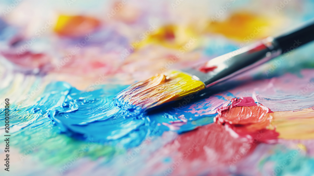 Fototapeta premium A close-up of a paintbrush spreading vibrant blue, yellow, and red paint on a textured palette.