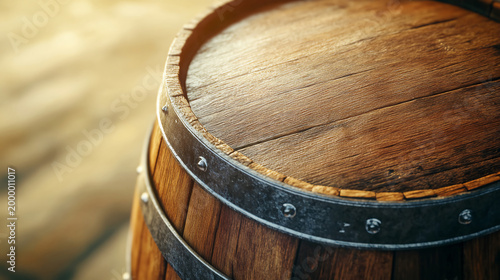 Close-up of an old wooden barrel with metal hoops, showcasing texture and rustic craftsmanship in warm natural lighting.
