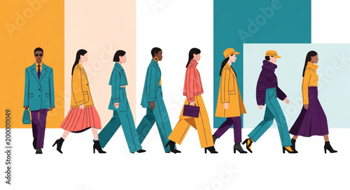 Diverse group of women walking in stylish fashion outfits.