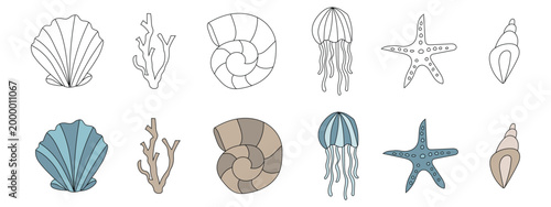 Sea shells and marine life icon set with jellyfish and starfish. Vector illustration of underwater creatures, nautical elements, and ocean wildlife in line and colored styles.