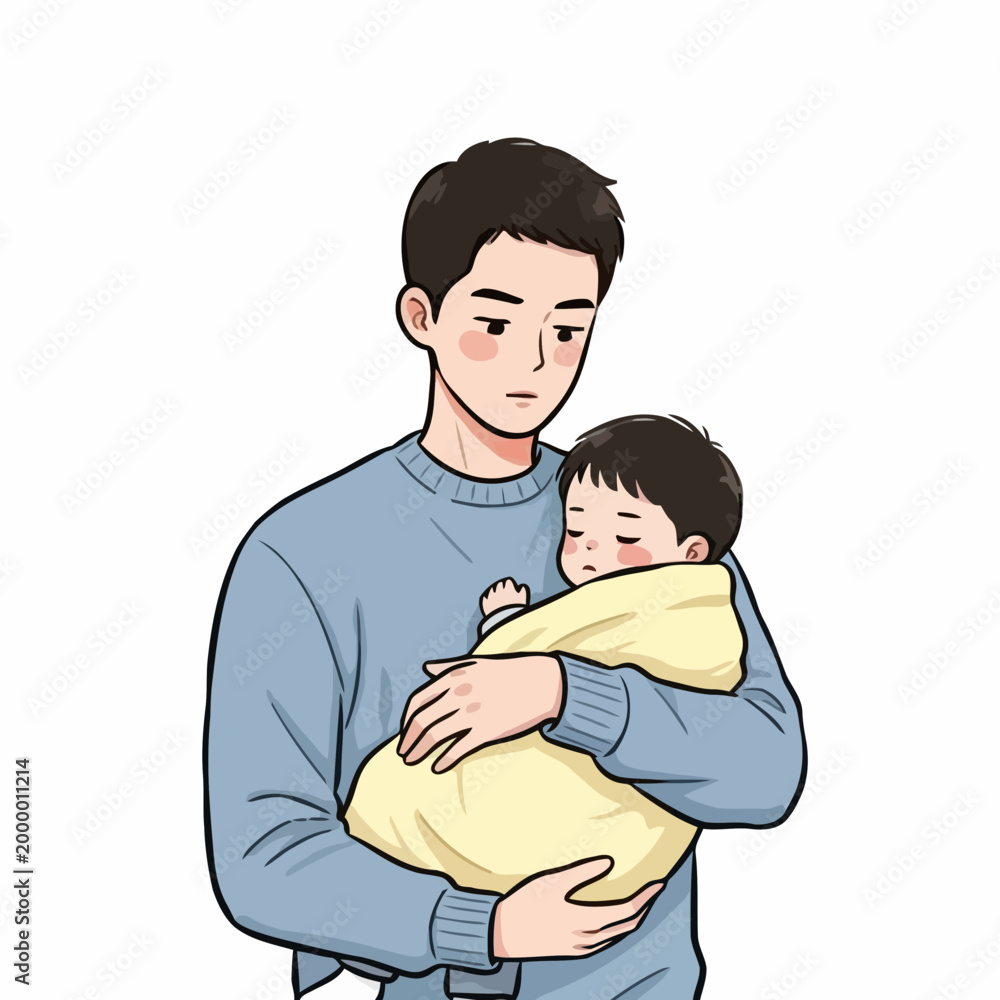 Obraz premium A man holding a sleeping baby.