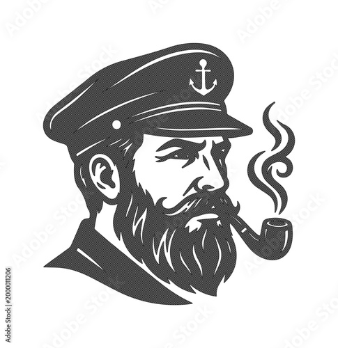 Vintage Captain Portrait, Nautical Seaman with Beard and Moustache, Smoking Pipe, Maritime Sailor Head, Monochrome Vector Illustration