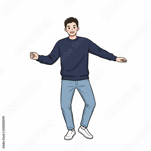 A cartoon man dancing with arms outstretched.