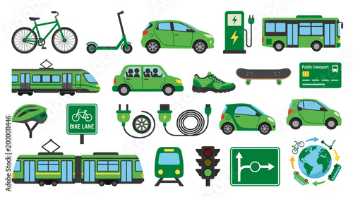 Eco transportation vector icons set with electric car, bus, train, bicycle, scooter, charging station, traffic light and sustainable mobility symbols