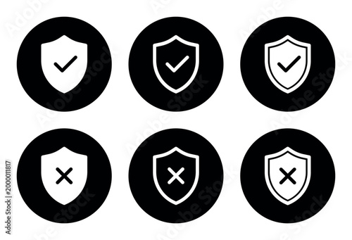 monochrome shield check cross icon set security approval rejection symbols black white protection safety minimal interface ui ux web app cybersecurity validation design collection