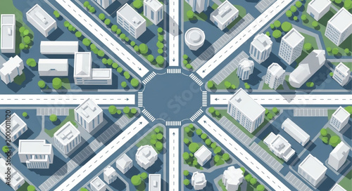 Aerial view of a modern city intersection with buildings and roads.