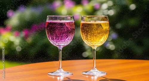 Two crystal glasses filled with sparkling purple and golden drinks outdoors