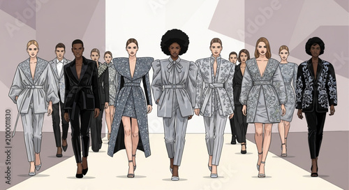 Diverse models showcase avant-garde fashion on a runway.
