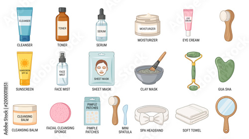 Natural skincare vector set with sunscreen, toner, serum, moisturizer, eye cream, shampoo, face mask, soap, roller, gua sha and beauty tools.