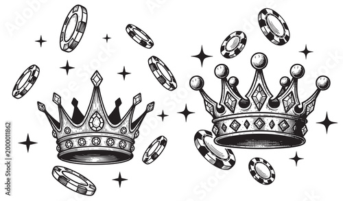 Royal Crowns with Casino Chips and Sparkles Vintage Engraving Style Gambling Vector Illustration