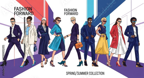 Diverse Models Showcase Spring Summer Fashion Forward Collection.