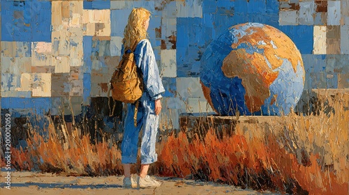 Blonde Backpacker Observing Globe in Dry Grassy Field, Impasto Oil Painting with Patchwork Background, Exploration and World Travel Theme