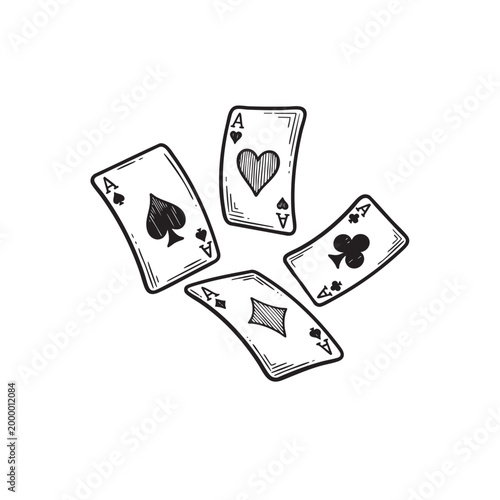 Four Playing Cards Ace Spade Heart Diamond Club Flying Vintage Engraving Style Vector Illustration