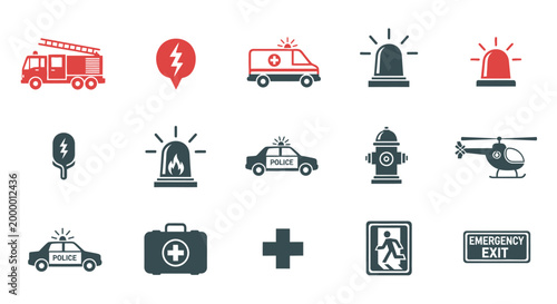 Collection of emergency and rescue service icons and symbols in red and gray.