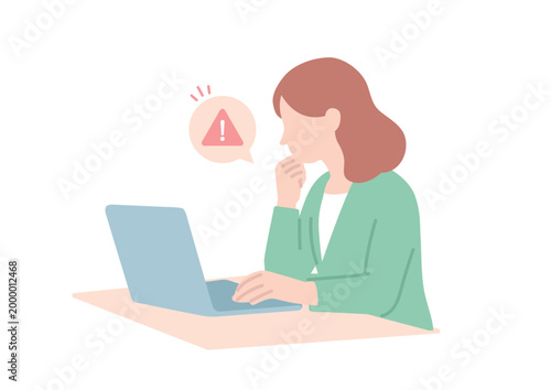パソコンのエラー画面に困る女性のイラスト 警告 フラットデザイン