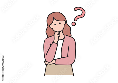 疑問を持って悩む女性のイラスト はてな 考える ポーズ ベクター