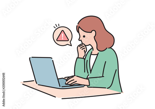 パソコンの警告画面に困る女性のイラスト エラー トラブル ベクター