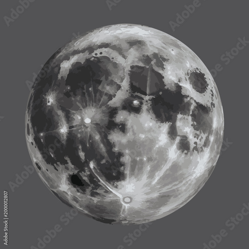 Detailed lunar surface illustration showing moon craters and shadows in monochrome vector graphics.