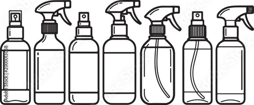 Set of six spray bottle icons with spray nozzles and labels Vector