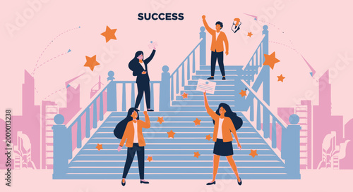 Business people celebrating career success on stairs with city background