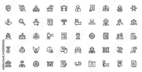 Government icon set. Minimal vector collection. Featuring shield, parliament, voting box, law, gavel, budget, passport, handshake, and more. Editable stroke.