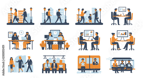 Business people working in office and commuting in city