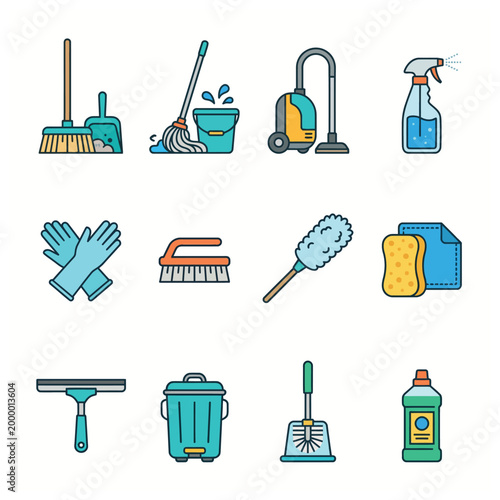 Collection of various cleaning tools and supplies for household chores, featuring brooms, mops, vacuum, and detergents.