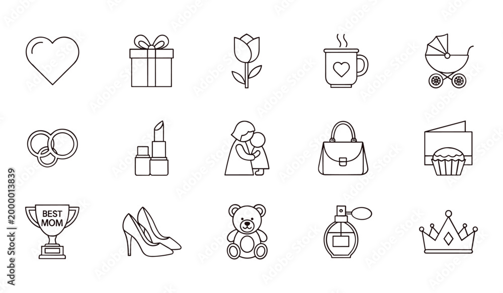 Fototapeta premium Black and white line set featuring gift wrap love heart baby carriage makeup shoes and other symbols
