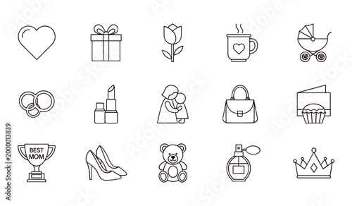Black and white line set featuring gift wrap love heart baby carriage makeup shoes and other symbols