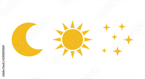 Collection of moon, sun, and stars symbols in a consistent yellow color palette.