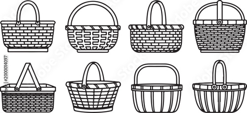 Line art illustration of baskets and buckets in black and white vector Vector