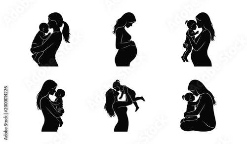 Silhouettes of mothers with pregnant bellies and holding babies in various poses pregnancy maternity