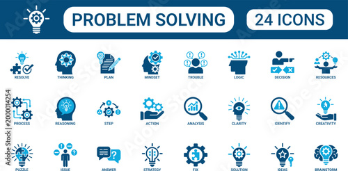 Problem Solving Icon Set with Strategy, Logic, Decision Making, Analysis, Creativity, Idea Generation, Process Thinking and Solution Symbols in Flat Style for Business Planning and Innovation
