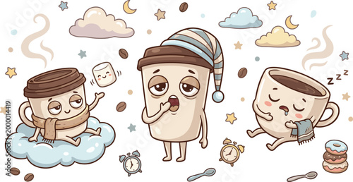 Cute Kawaii Sleepy Coffee Cup Characters Set for Cafe Morning Routine and Caffeine Addiction Design