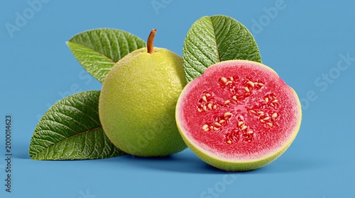 Fresh guava fruit with green skin and pink flesh, whole and sliced, accompanied by green leaves on a blue background