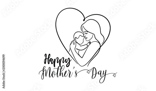 Black and white heart-shaped of mother holding child with happy mothers day text love