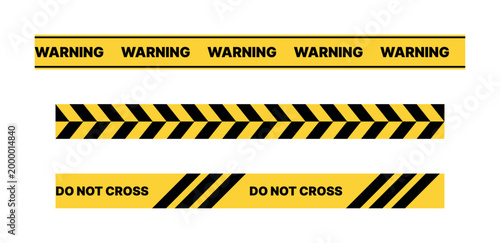 Do not cross yellow warning tape with black diagonal stripes isolated on transparent background, security barrier design for restricted areas construction hazard zones and safety alerts