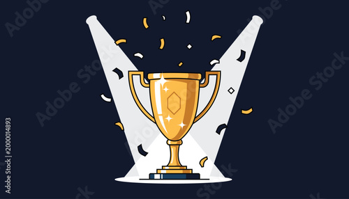 A gold trophy cup with confetti and spotlights on a dark blue background celebrating achievement and success in a festive atmosphere