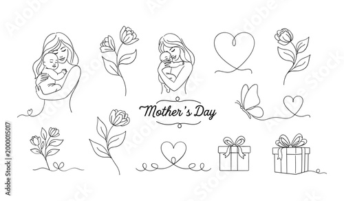 Black and white line featuring mother and child motherhood gifts flowers hearts