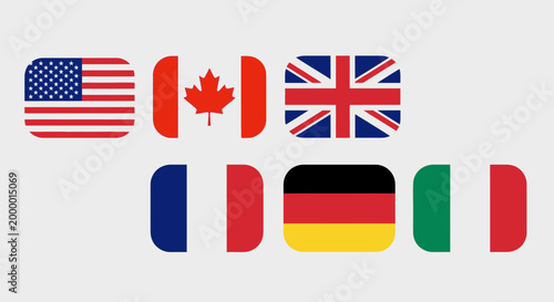 Illustrated flags of several nations on a light background for various concepts